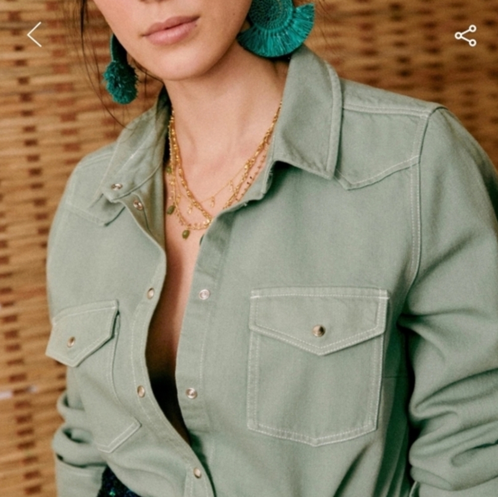 Sezane Sage Green Button-Front Utility Shirt NWT